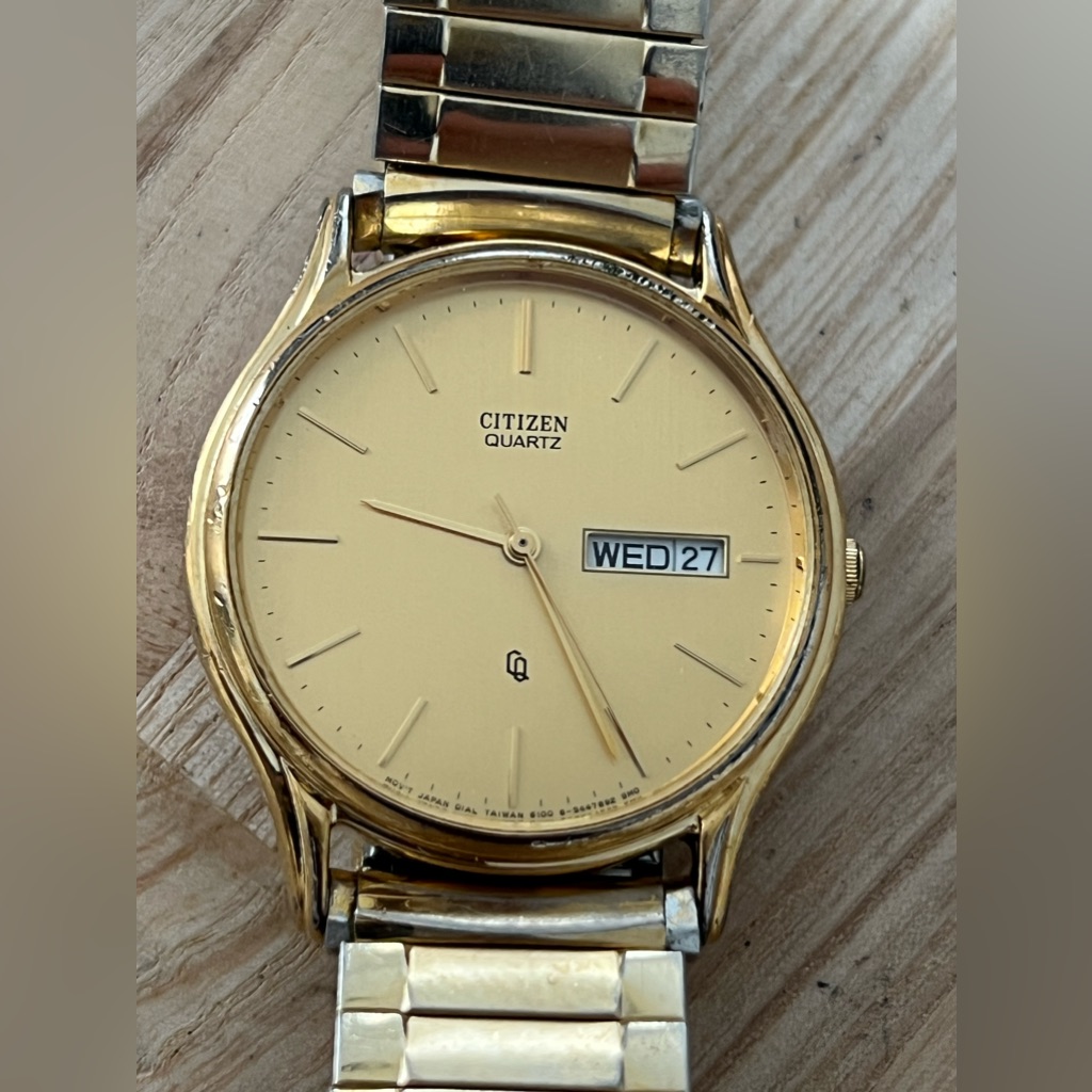 Citizen Cq Men’s Vintage Watch Gold-Tone Dial Stretch Bracelet Day Date Windows